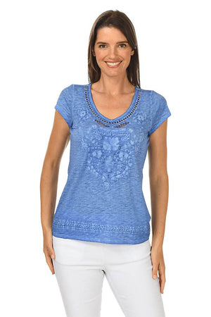 Tribal 6510O Embroidered V-Neck Top - Blueway - The Coach Pyramids