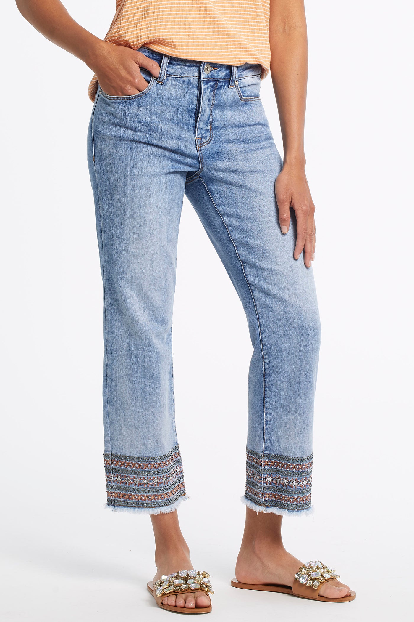 Tribal - Audrey - 5 Pocket - Straight Crop Capri - 7449O - Blue Glow - The Coach Pyramids