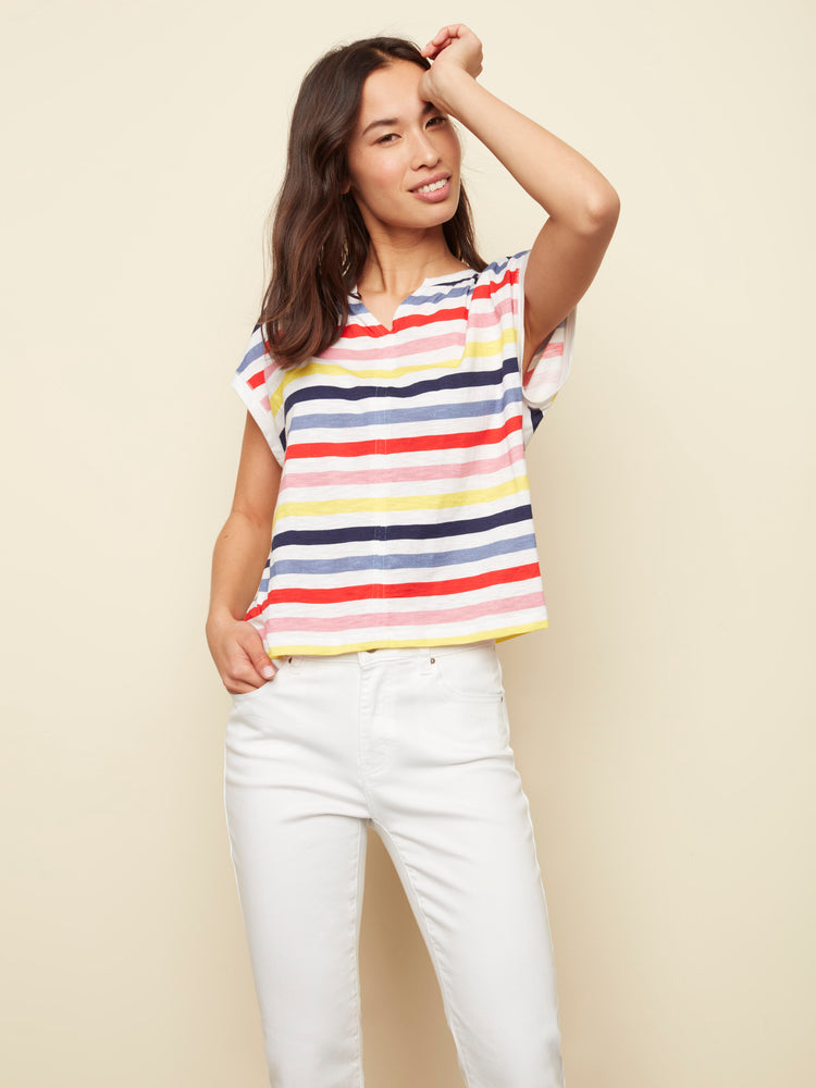 Charlie B Spring/Summer 2022- Notched Neck Printed T-Shirt - C1307- Rainbow - The Coach Pyramids
