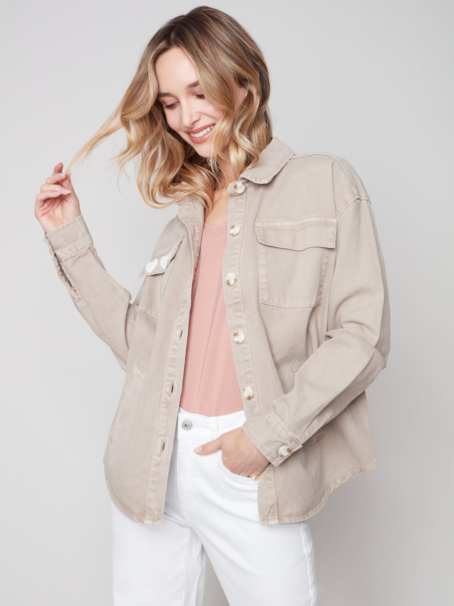 Charlie B Spring/Summer 2023-C6234 -351B- Twill Jacket -Greige - The Coach Pyramids