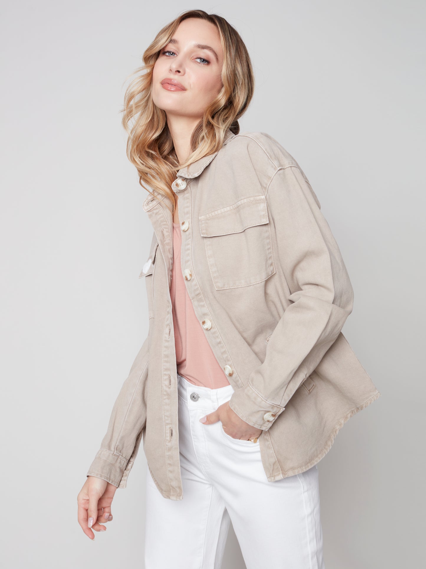 Charlie B Spring/Summer 2023-C6234 -351B- Twill Jacket -Greige - The Coach Pyramids