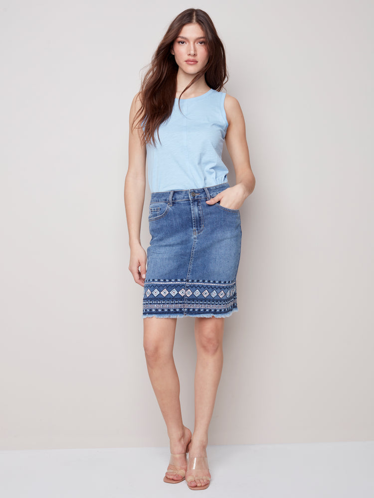 Charlie B Spring/Summer 2023-C7065-431A-Denim Skort-Medium Blue - The Coach Pyramids